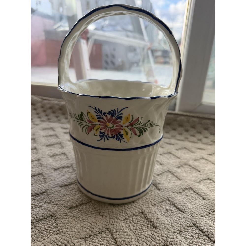 Hand Painted Portugal Ceramic Basket Floral Design‎